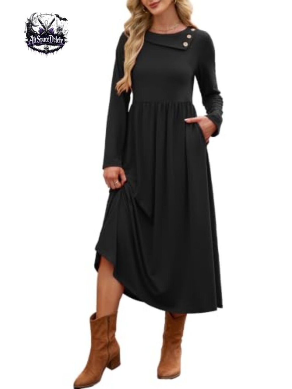 Women's Long Sleeve Midi Dress A-Line Pleated Flowy with Pockets